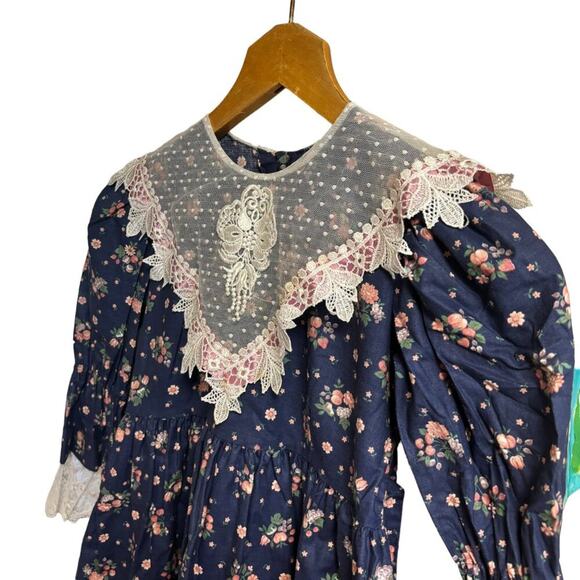 VTG 80s JINELLE Lace Collar Lace Trim Floral Garden Party Dress in Navy SZ 6 - Picture 3 of 12